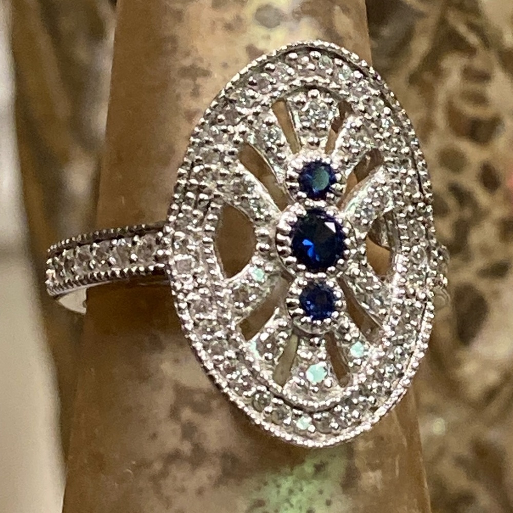 Royal Blue and Clear Simulated Diamond Vintage Sterling Silver Ring